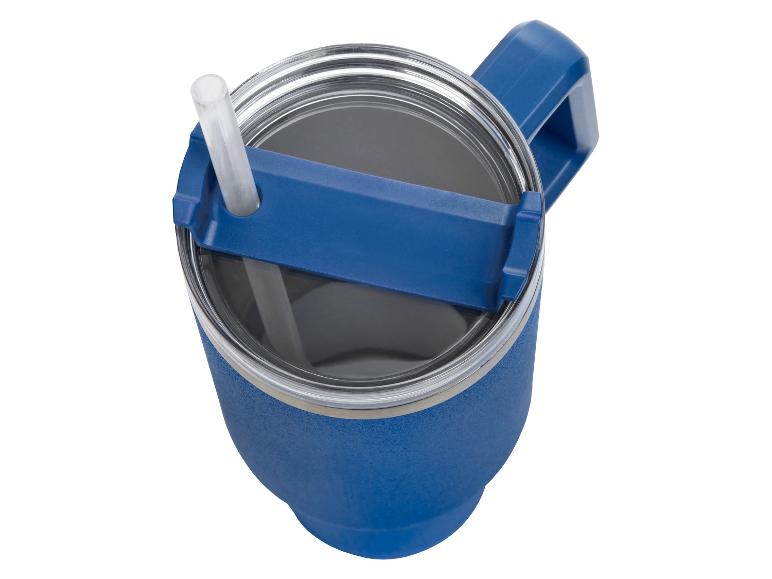 Blaue Thermobecher mit Deckel und Strohhalm.