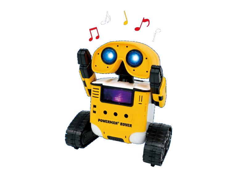 Ein gelb-weißer Roboter mit Ketten, leuchtend blauen Augen und Musiknoten darüber.
