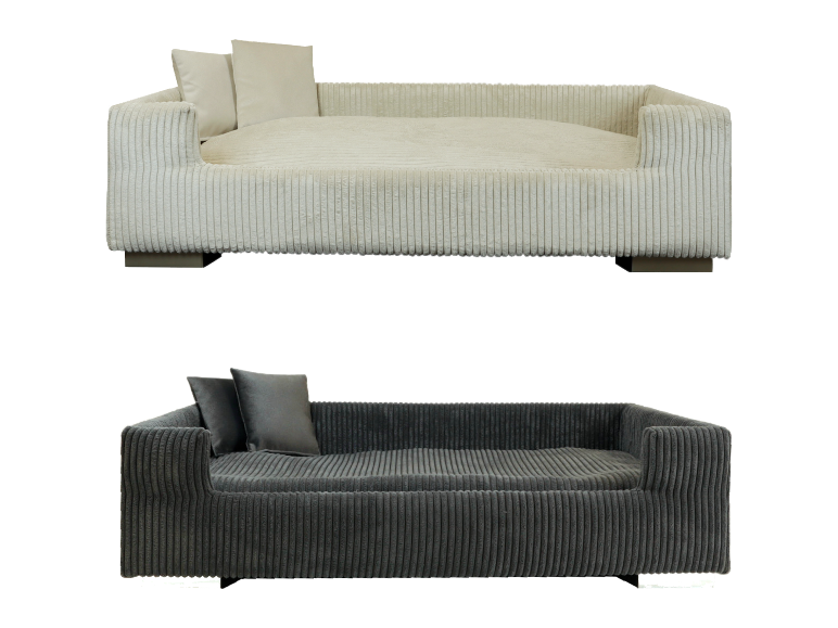 Zwei Cord-Tierbetten in Beige und Dunkelgrau.