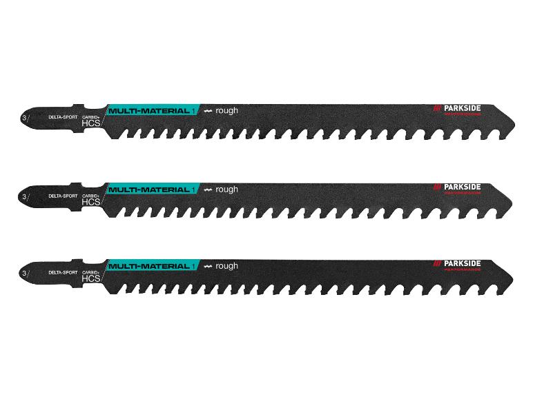Drei Parkside Sägeblätter für Multimaterial, mit rauer Schneide.