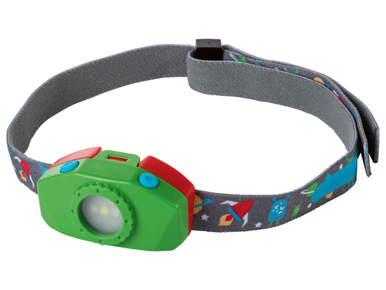 Eine grüne Kinder-Stirnlampe mit einem Weltraumdesign.