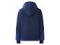 Dunkelblauer Kapuzenpullover mit blauen Streifen an den Ärmeln, Rückansicht.