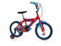 Rotes Kinderfahrrad mit Spiderman-Motiv und Stützrädern.