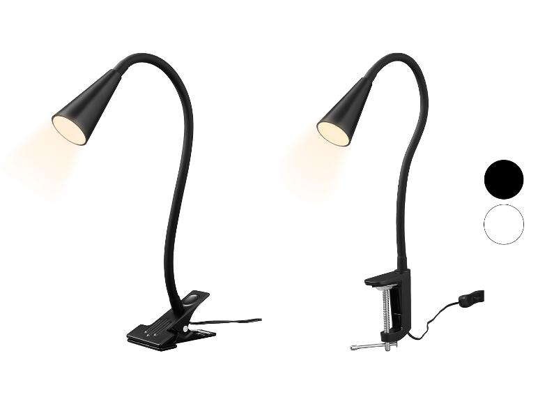 Zwei schwarze flexible Schreibtischlampen, eine mit Klemmfuß und eine mit Schraubklemme.
