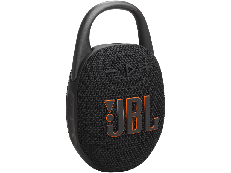 Tragbarer Lautsprecher mit Karabiner, schwarz mit orangefarbenen Details