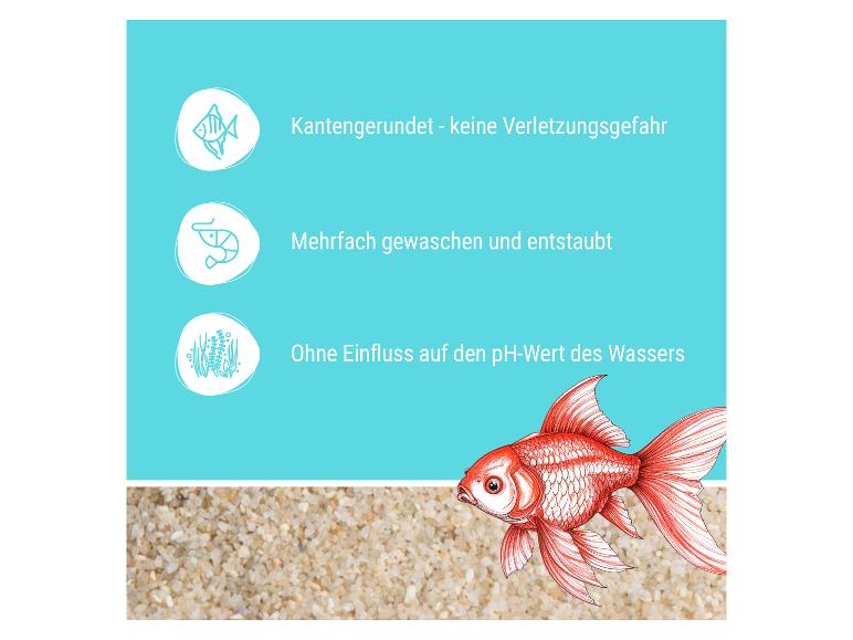 Aquarienkies mit abgerundeten Kanten, gewaschen, staubfrei und pH-neutral, mit Goldfisch.