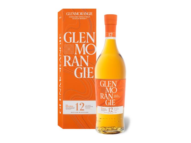 Orangefarbene Whiskyflasche und -box, 12 Jahre in Bourbonfässern gereift, destilliert in Schottland.
