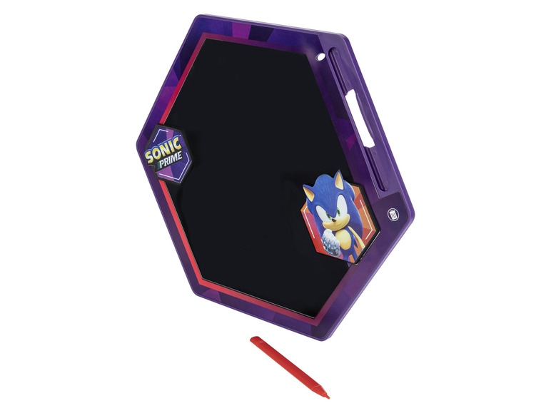 Eine lilafarbene Sonic the Hedgehog Zeichen-Tafel mit einem roten Stift.