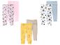 Drei Sets Kinderleggings: gepunktet, mit Zeichentrickfiguren und unifarben.