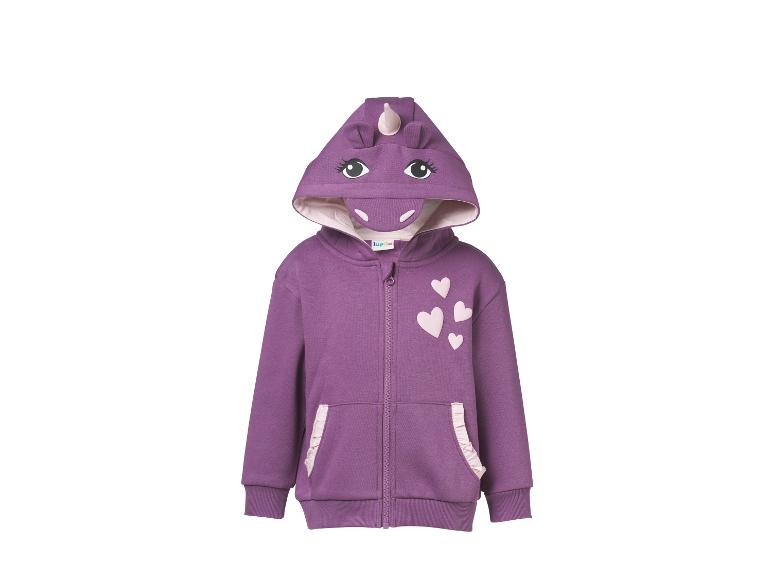 Lila Kinder-Kapuzenpullover mit Einhorn-Gesicht auf der Kapuze und Herz-Applikationen