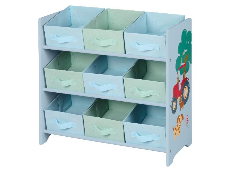 Kinderregal mit 9 pastellfarbenen Stoffboxen und Bauernhofmotiven
