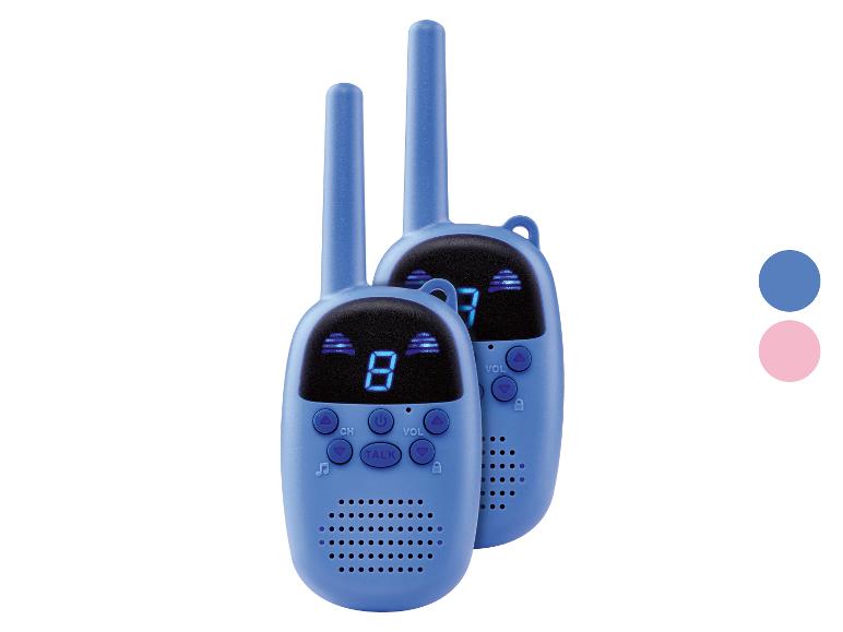 Zwei blaue Walkie-Talkies mit Digitalanzeigen und Tasten, mit rosa und blauen Farbmustern.