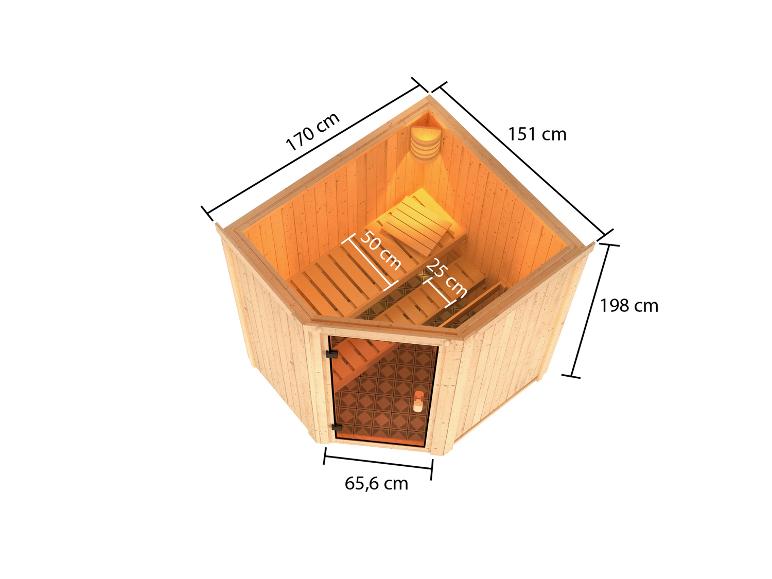 KARIBU Sauna Niru mit Maßangaben und Innenansicht