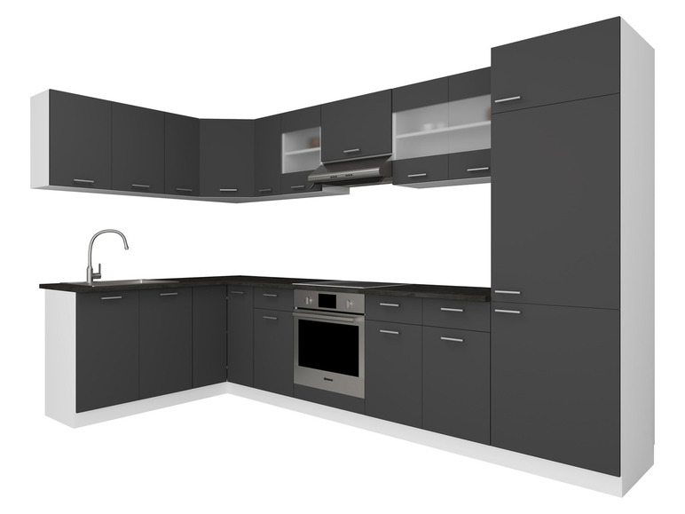 Küche mit Bosch Backofen, Spüle und grauen Küchenschränken.