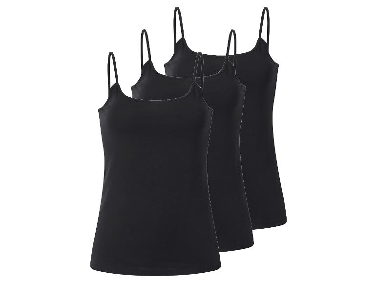Drei schwarze Spaghettiträger-Tops, hintereinander angeordnet.