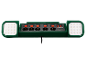 Grüne Steckdosenleiste mit fünf Steckdosen, fünf Schaltern, zwei USB-Anschlüssen und zwei LED-Arbeitsleuchten.