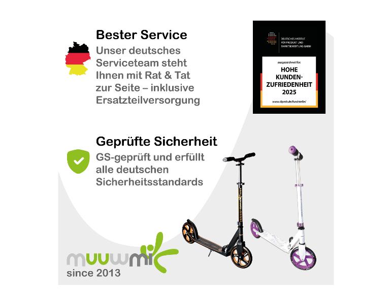 Zwei Roller mit Informationen zu bestem Service, geprüfter Sicherheit und hoher Kundenzufriedenheit.