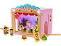 Rosa Holz-Puppentheater mit Märchenfiguren und Beleuchtung, Aufschrift „Story Time“.