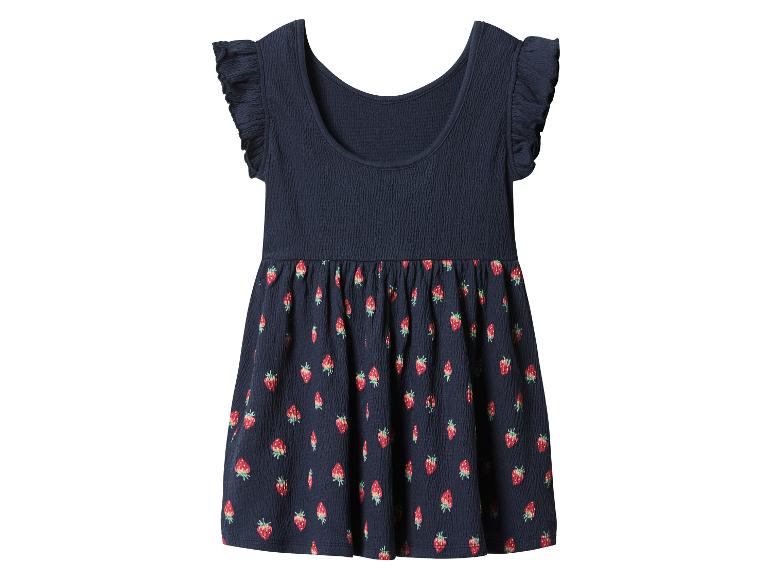 Dunkelblaues Babykleid mit Rüschenärmeln und Erdbeermuster am Rock.