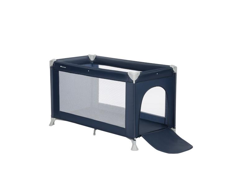 Blaues Reisebett mit Netzseiten und zu öffnendem Eingang.