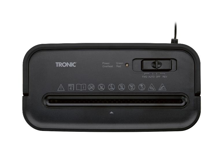 Schwarzer TRONIC Aktenvernichter mit FWD, AUTO, OFF, REV Bedienelementen und Power, Overheat, Green, Red Anzeigen.