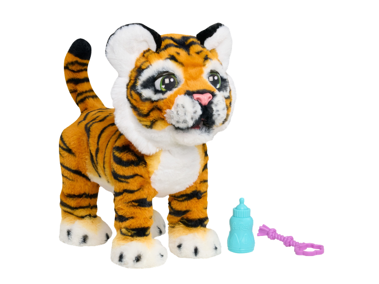 Interaktives Plüsch-Tiger-Spielzeug mit Fläschchen und Spielzeug.