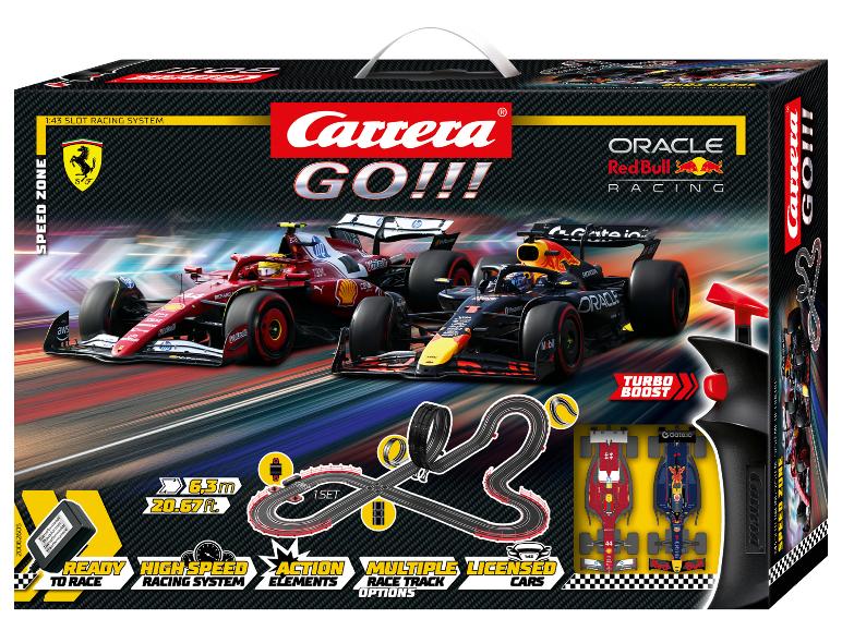 Carrera GO!!! Speed Zone Rennbahn-Set Verpackung mit Ferrari und Red Bull F1-Autos.