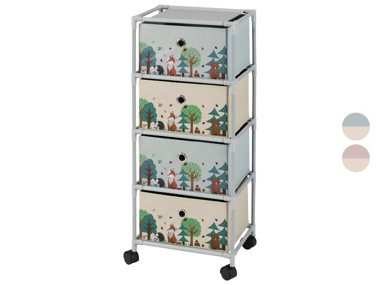 Aufbewahrungsschubladeneinheit mit vier Schubladen mit Wald- und Tiermotiven.