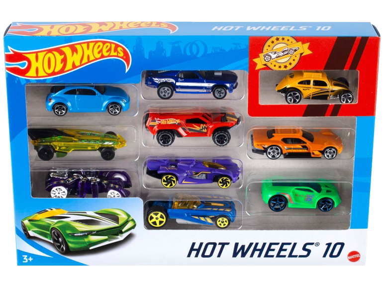 Packung mit zehn bunten Spielzeugautos in verschiedenen Modellen.
