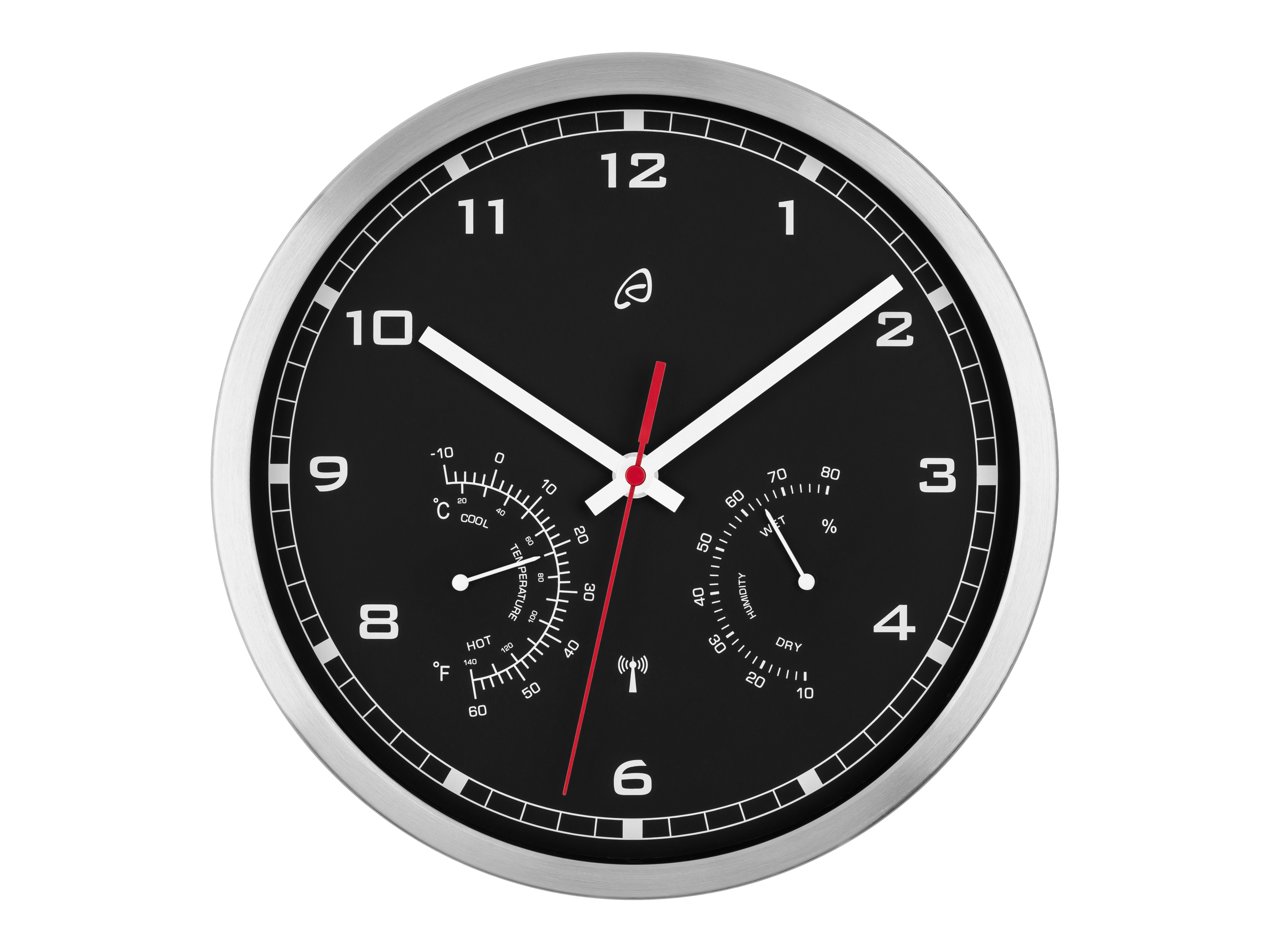AURIOL® Aluminium Funkwanduhr mit Thermometer und Hygrometer (Silber/Schwarz) | 04335754072918