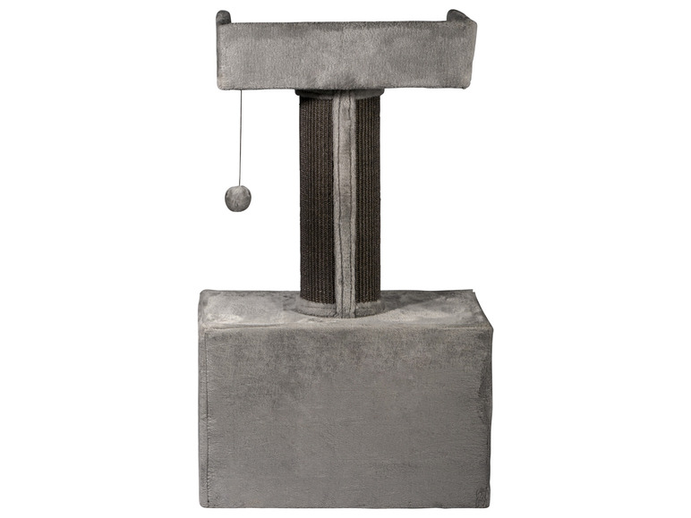 Ein grauer Katzenbaum mit einem hängenden Spielzeug.