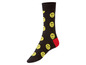 Schwarze Socken mit gelben Smiley-Gesichtern.