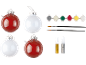 Weihnachtskugel-Bastelset mit roten und weißen Kugeln, Farben, Pinseln und Glitzerkleber.