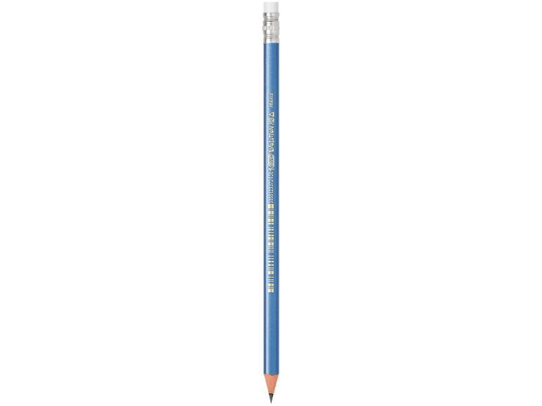Blauer Bleistift mit weißem Radiergummi, spitzer Mine und Barcode.