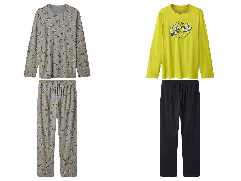 Zwei Grinch-Pyjama-Sets: ein graues mit Muster und ein gelbes mit Schriftzug.