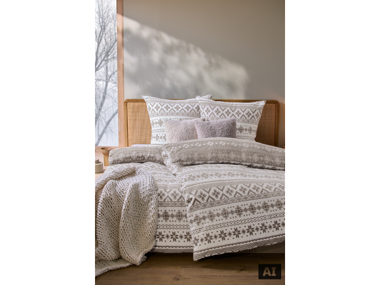 Gemütliche Bettwäsche im Winter-Design mit einer Strickdecke auf einem Holzbett