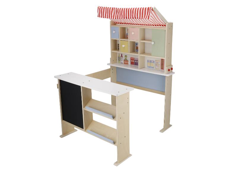 Hölzerner Kinder-Marktstand mit Regalen, Schubladen und einer Kreidetafel.