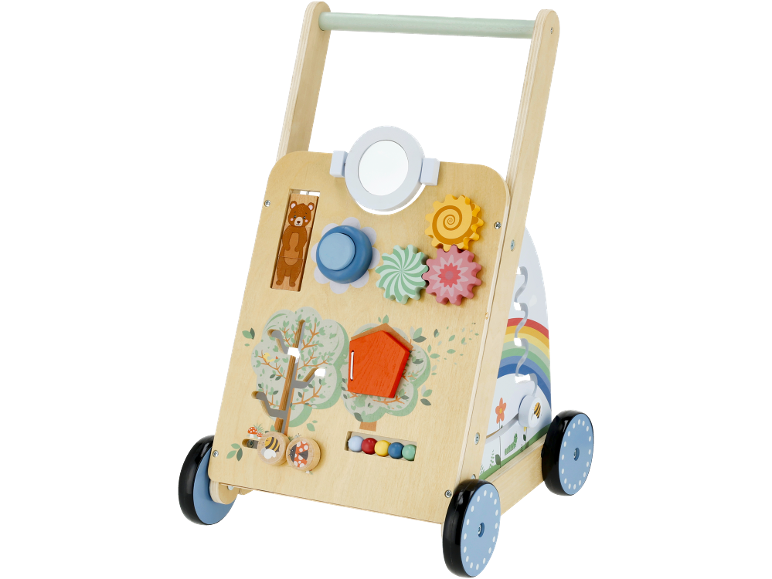 Holz-Lauflernwagen mit Spiegel, Zahnrädern und bunten Perlen.