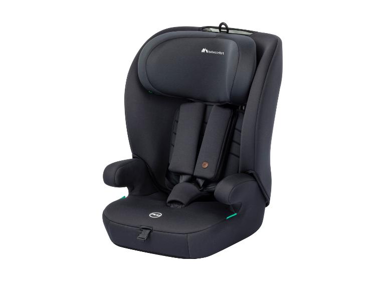Dunkelgrauer Kindersitz mit Fünfpunktgurt und verstellbarer Kopfstütze.