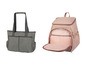 Eine graue Tote Bag und ein rosafarbener Rucksack für Babys.