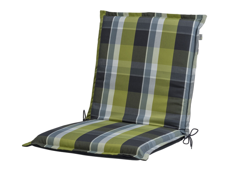 Ein grün-graues kariertes Sitzkissen von Livarno.