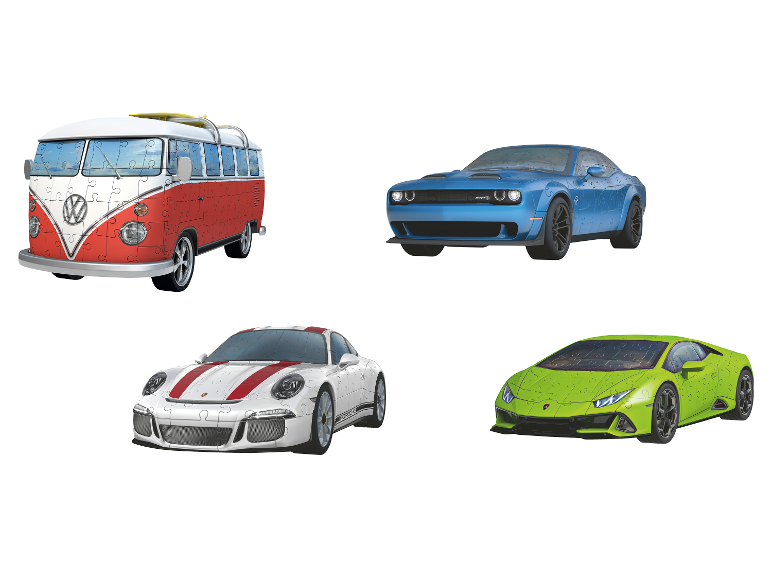RAVENSBURGER 3D-Fahrzeug-Puzzle mit VW-Bus, Dodge Challenger, Porsche und Lamborghini.