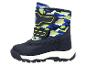 Ein einzelner marineblauer Kinder-Schneestiefel mit Camouflage-Muster und Klettverschlüssen.