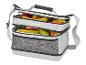 Graue Kühltasche mit Früchten, zwei Fächern und Schultergurt.