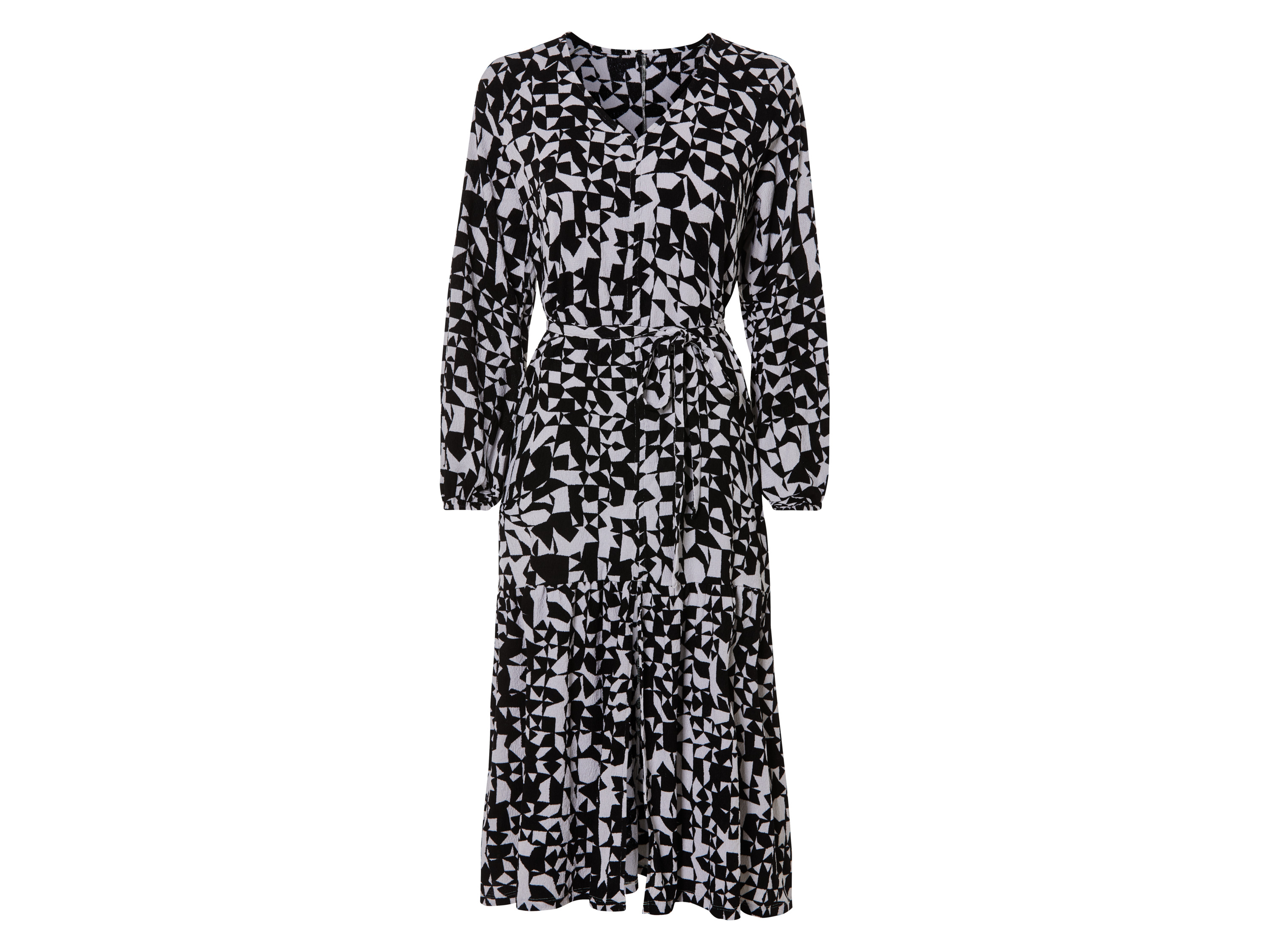 esmara® Damen Kleid Midi (Schwarz, M(40/42))““ | schwarz Muster: AOP Detail: modische Crêpe-Struktur mit modischen Volants schwarz: mit Bindegürtel Schnitt: – Ausschnitt: grün: Rundhalsausschnitt schwarz: V-Ausschnitt Kragenform: – Ärmellänge: grün: 3/4-Ärmel mit Gummizug Länge: Midilänge Material: Polyester recycelt, 2 % Elasthan Lycra® Pflegehinweis: waschen bei max. 30 °C Pflegeleicht nicht bleichen nicht im Wäschetrockner trocknen bügeln bis 150 °C Stufe 2. Dampfbügeleisen kann verwendet werden nicht trockenreinigen Größe: XS 32/34 – L 44/46 Meine Lidl-Größe – so einfach gehts Deine Größe findest du in der Lidl-Größentabelle . Oeko-Tex® Standard 100 Geprüft auf Schadstoffe Zertifizierungsnummer: 21.Hbd.79930 Hohenstein Htti Standard 100 by Oeko-Tex® ist die weltweit bekannteste, unabhängige Zertifizierung schadstoffgeprüfter Textil- und Lederprodukte aller Art – vom Garn und den Stoffen bis hin zum gebrauchsfertigen Artikel. Das Label bestätigt