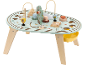Hölzerner Kinder-Aktivitätstisch mit Waldtiermotiven und Perlenlabyrinth.