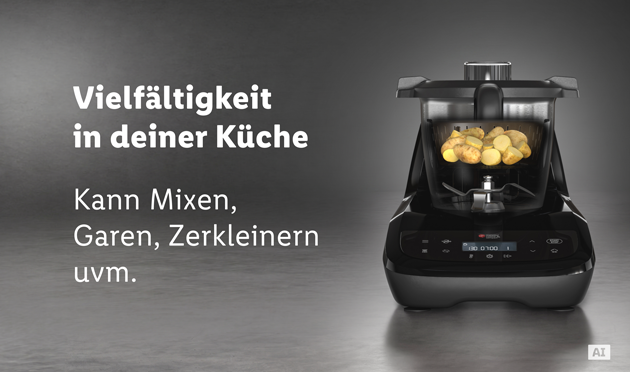 Monsieur Cuisine compact neben einem Smartphone mit geöffneter Monsieur Cuisine App, die Rezepte anzeigt. (Mit KI-Wasserzeichen)