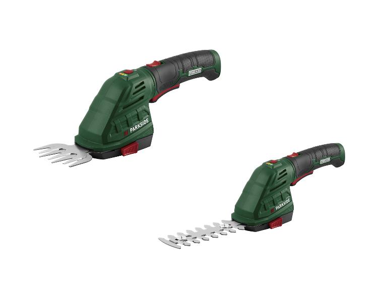 Zwei Akku-Heckenscheren, eine mit Grasmesser und eine mit Strauchmesser.