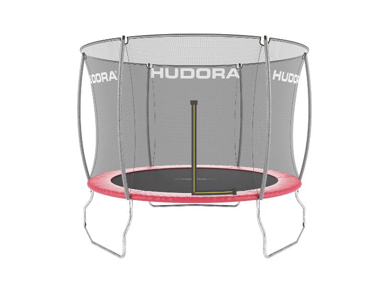 Hudora Trampolin mit grauem Sicherheitsnetz und rotem Rand auf weißem Hintergrund.