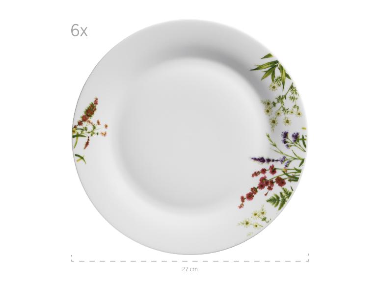 Set aus 6 weißen Speisetellern mit bunten Blumenmustern, 27 cm Durchmesser.